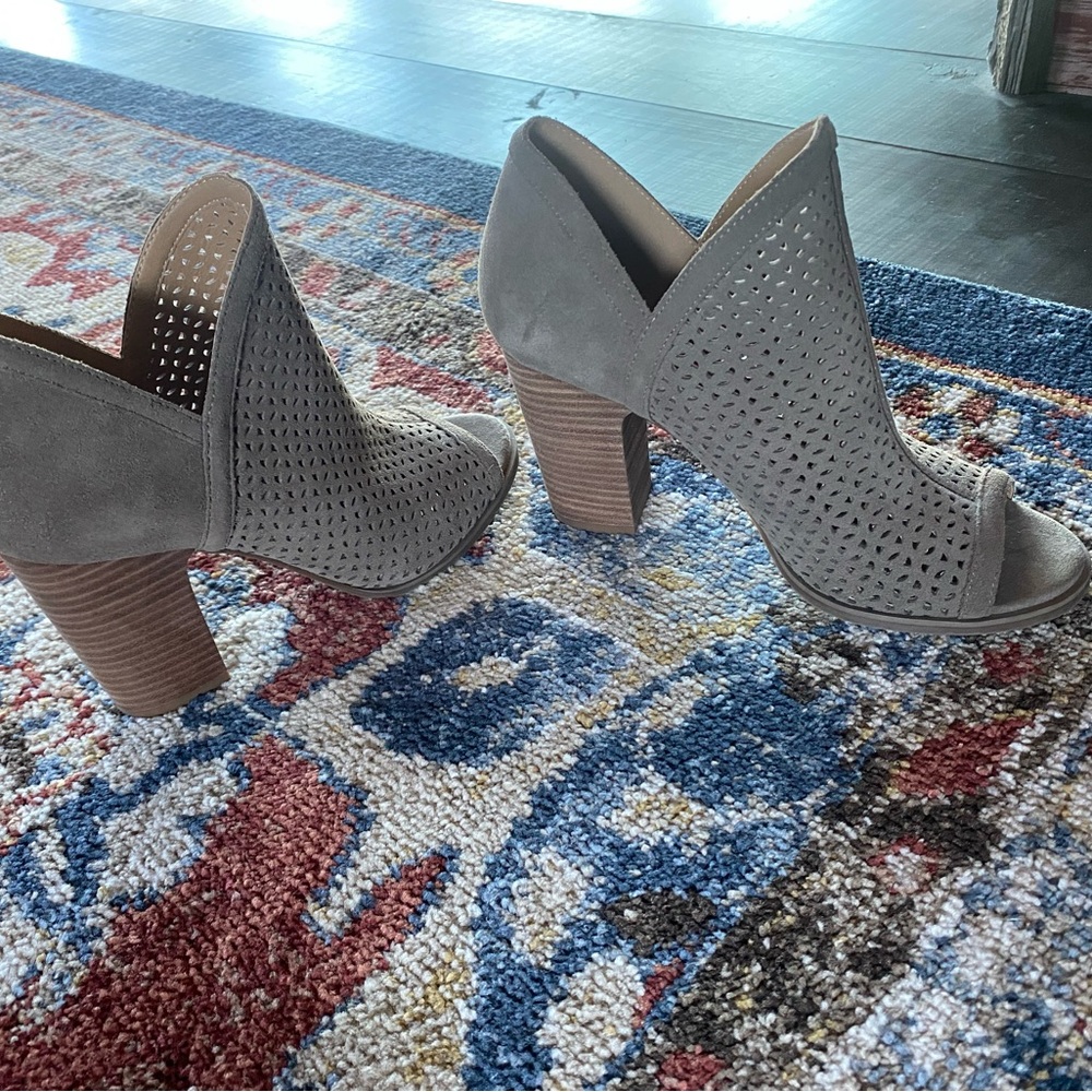 Lucky brand block heeled, perforated, open toed booties, size 8.5